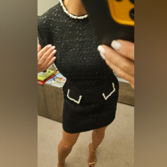 Tweed Long Sleeve Dress Women Fashion Shiny Square Collar Shoulder Pads Dress - Picture 9 of 10